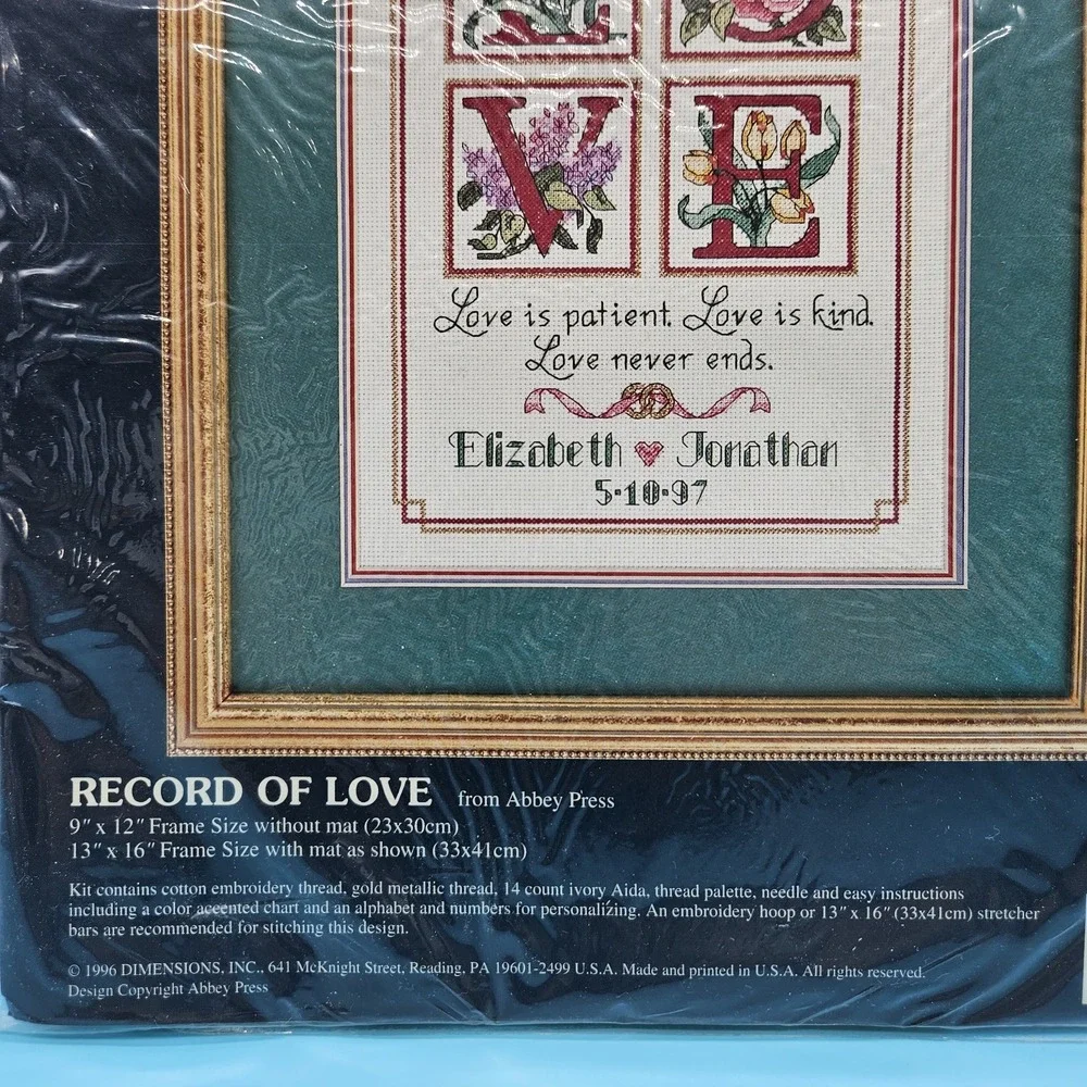 VTG Sunset RECORD OF LOVE Counted Cross Stitch Kit Abbey Press Love Marriage